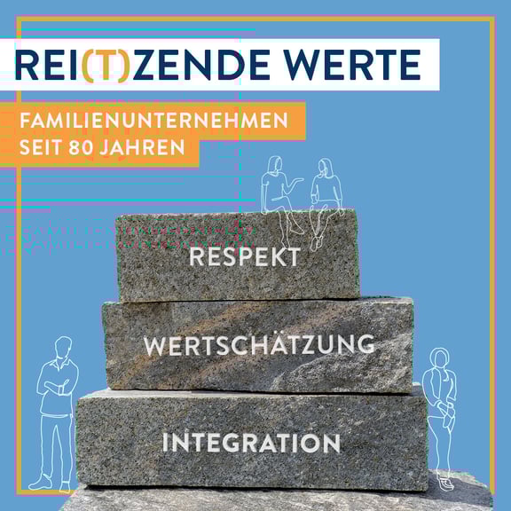 Granitblöcke mit den REITZ-Werten Respekt, Wertschätzung und Integration. 80 Jahre Familienunternehmen.