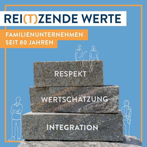 Granitblöcke mit den Werten Respekt, Wertschätzung und Integration. 80 Jahre Familienunternehmen REITZ Natursteintechnik.
