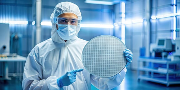 Mitarbeiter im Reinraum hält mit Handschuhen einen großen Siliziumwafer