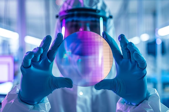 Laborkraft mit Schutzkleidung betrachtet Wafer mit Farbreflexion