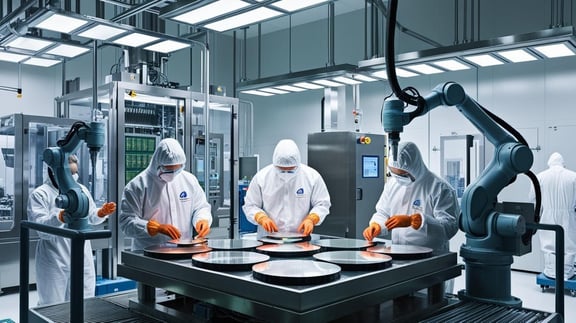 Reinraumproduktion in der Halbleiterindustrie: Mitarbeitende bearbeiten Wafer unter höchsten Sauberkeits- und Präzisionsanforderungen mit moderner Robotik.